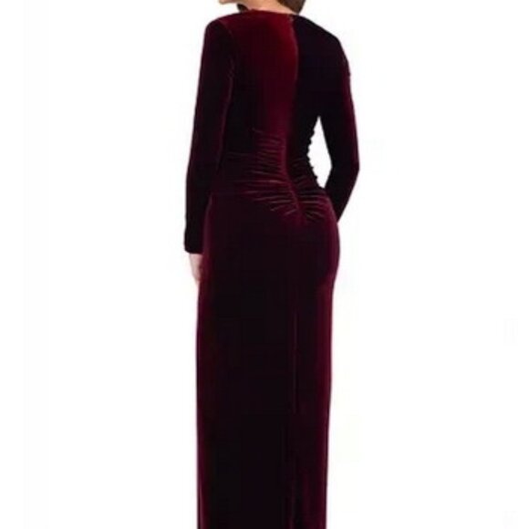 Xscape Burgundy Long-Sleeve Front-Slit Velvet Gown - Picture 5 of 6